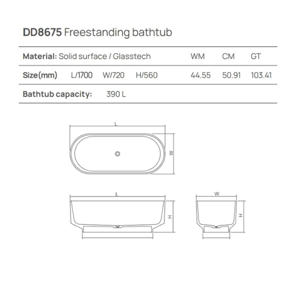 Отдельностоящая ванна Dea Design Shadow 170x72x56 DD8675 1700 18 белый