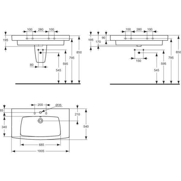 Раковина 100 см Ideal Standard Ventuno T001901