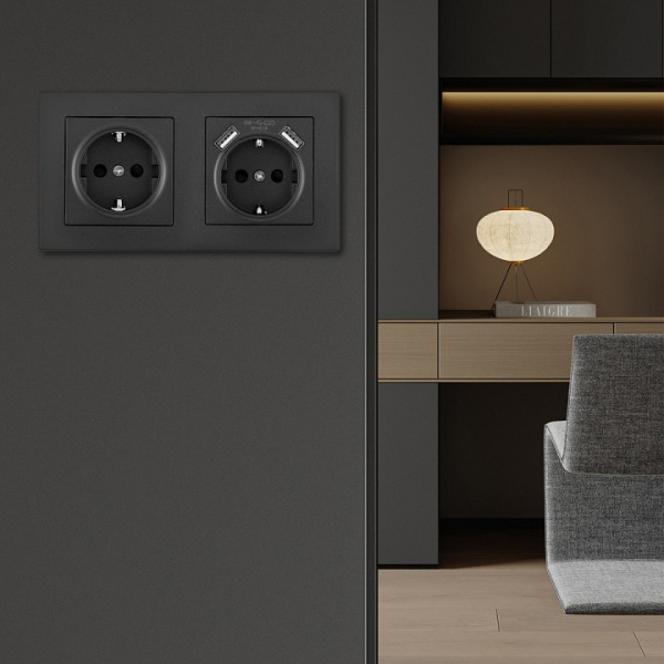 Розетка с заземлением и со шторкой и 2хUSB Arte Milano SET06-2 SET06-2-47-1-40-1 black