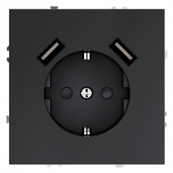 Розетка с заземлением и со шторкой и 2хUSB type A без рамки Voltum S70 VLS040407