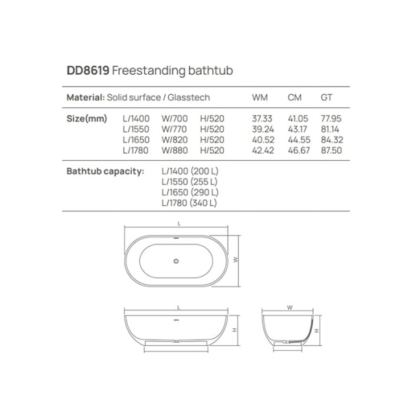 Отдельностоящая ванна Dea Design Shadow 165x82x52 DD8619 1650 18 белый