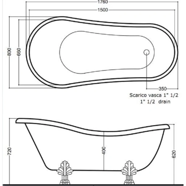 Ванна из литьевого мрамора Tiffany World TW176bi/cr 176x80 см, отдельностоящая, белый