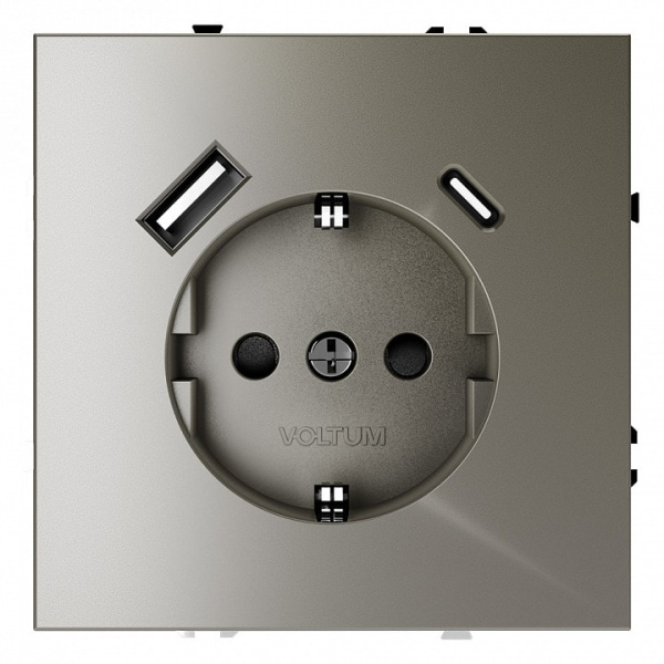 Розетка с заземлением и со шторкой и 2хUSB type A и C без рамки Voltum S70 VLS040504