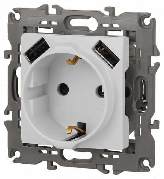 Розетка с заземлением и со шторкой и 2хUSB, без рамки Эра Эра Elegance 14-4109-01М