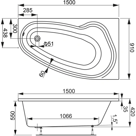 Акриловая ванна 150x91 см R Vagnerplast Avona VPBA159AVO3PX-04