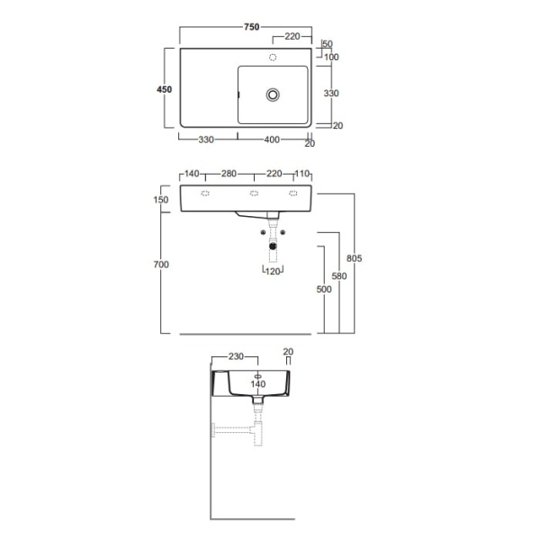 Раковина Simas Top E Lavabi D'Arredo 75 QU75D*1 bi правая