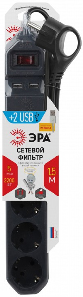 Удлинитель с выключателем Эра  USF-5es-1.5m-USB-B