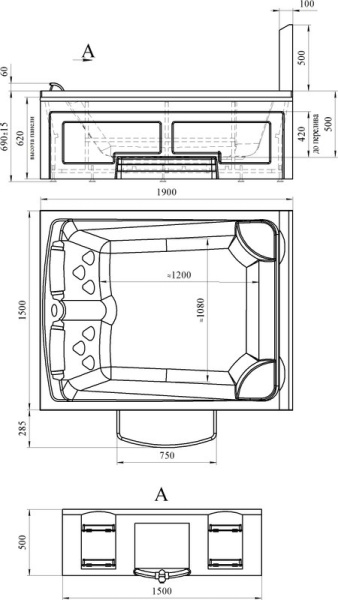 Гидромассажная ванна Радомир Римини 150х190 1-30-0-0-0-047С серый