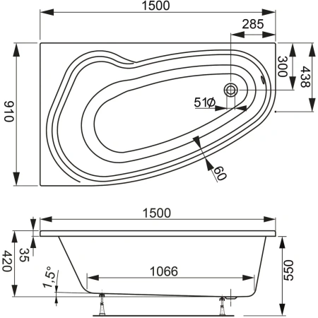 Акриловая ванна 150x91 см L Vagnerplast Avona VPBA159AVO3LX-04