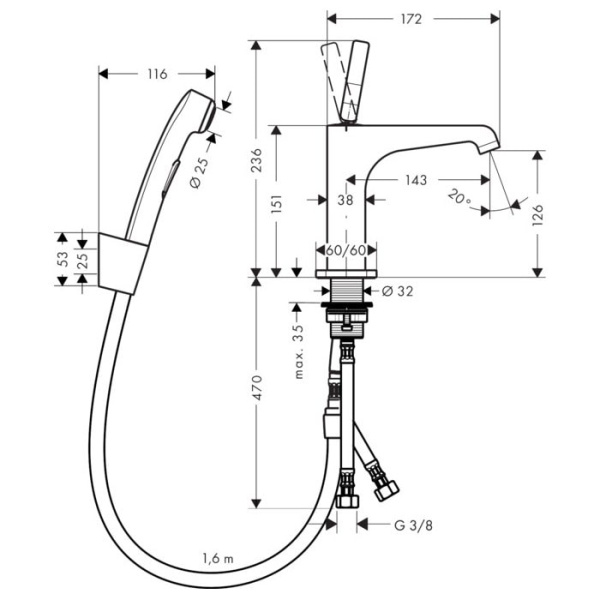 Смеситель для раковины Axor Citterio M 36130000 с гигиеническим душем