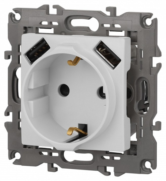 Розетка с заземлением и со шторкой и 2хUSB, без рамки Эра Эра Elegance 14-4109-01М