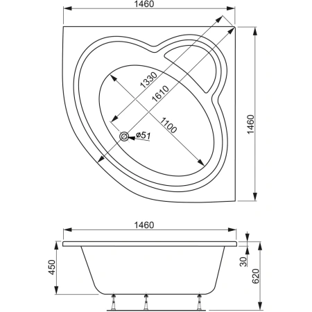 Акриловая ванна 146x146 см Vagnerplast Catalina VPBA146CTL3X-04
