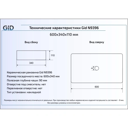 Раковина 60x34 см GID Simple N N9396