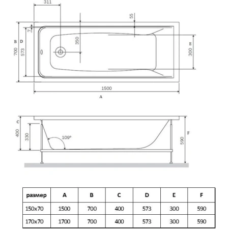 Акриловая ванна Vincea VBT-2G150-LG 150x70 см, белый