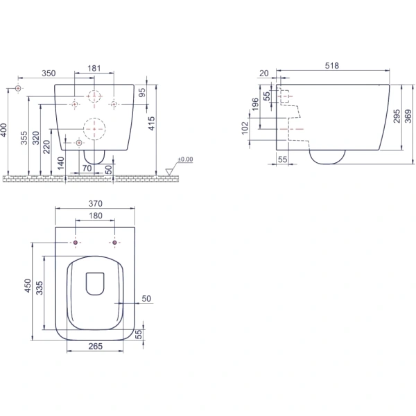 Унитаз подвесной Boheme Zen 967-2 безободковый, с функцией биде, белый