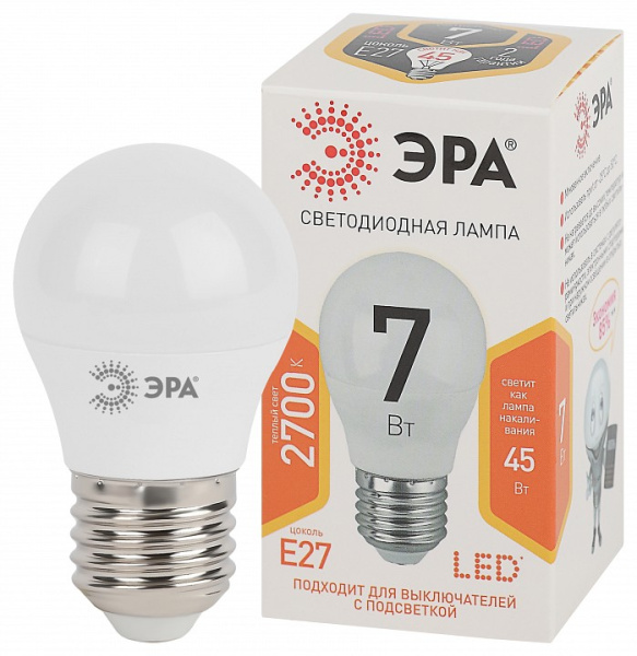 Лампа светодиодная Эра Стандарт E27 7Вт 2700K LED P45-7W-827-E27