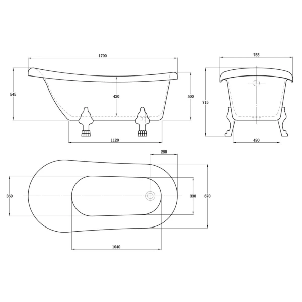 Акриловая ванна Vincea VBT-120-1700-Cr 170x75,5 см, отдельностоящая, белый