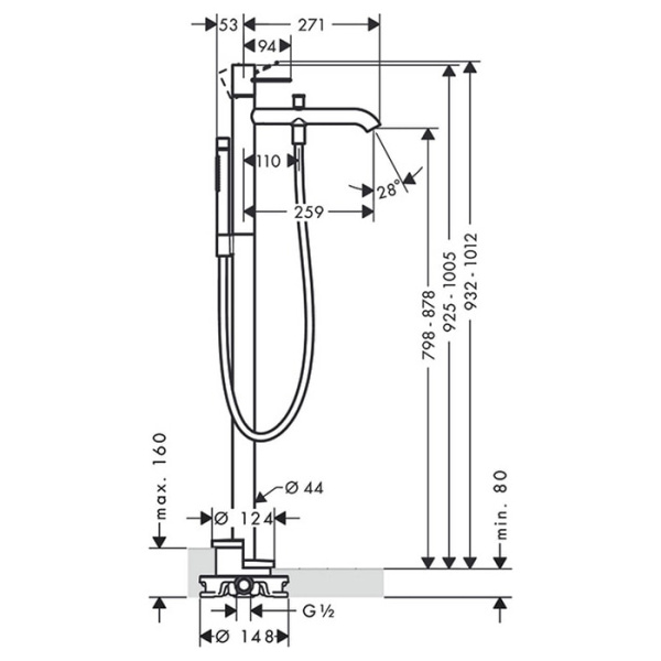 Напольный смеситель для ванны Axor Uno 38442000 с душевым гарнитуром