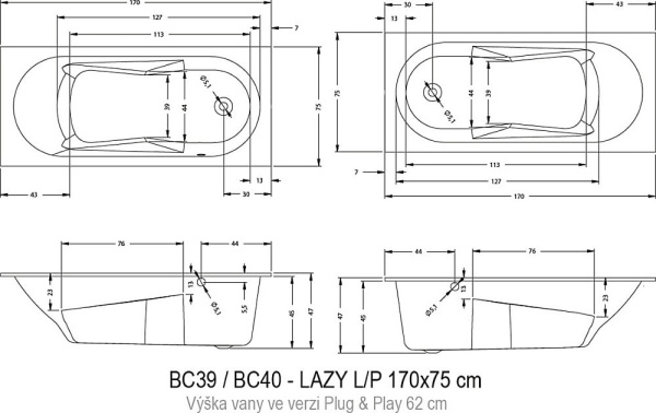Акриловая ванна Riho Lazy 170x75 L B080001005 без гидромассажа