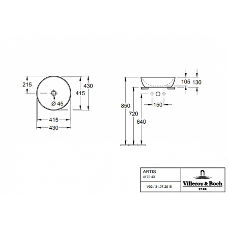 Раковина Villeroy&Boch Artis 45 см 417943BCT8