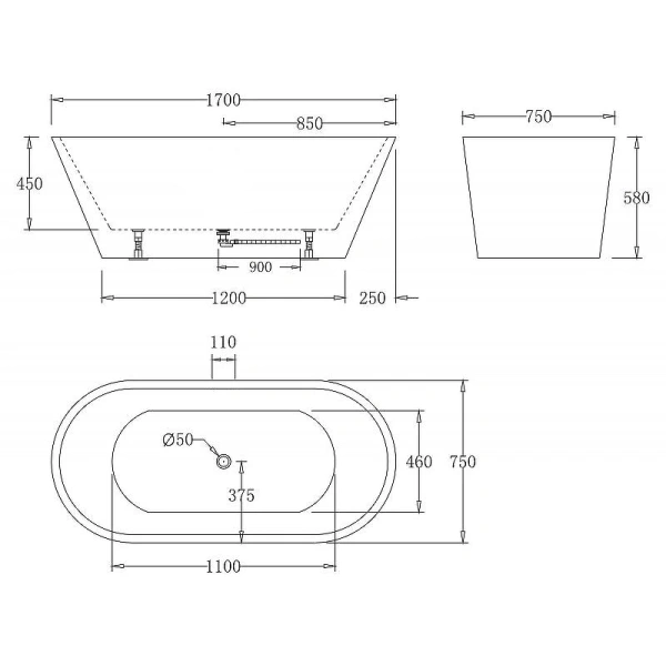 Акриловая ванна BelBagno BB61-1700-W0 170x75 см, отдельностоящая, белый