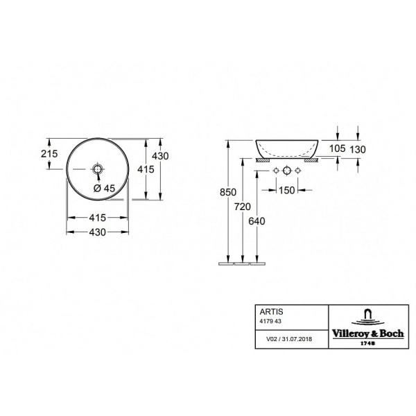 Раковина Villeroy&Boch Artis 45 см 417943BCT8