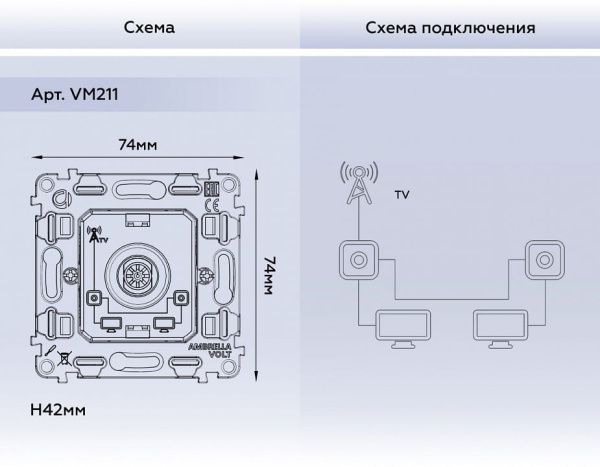 Механизм ТВ-розетки проходной Ambrella Volt QUANT VM211