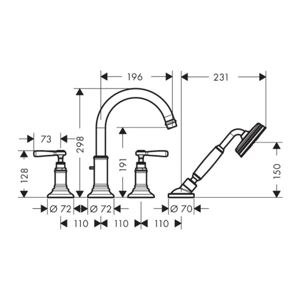 Смеситель на борт ванны Axor Montreux 16550820 с душевым гарнитуром шлифованный никель