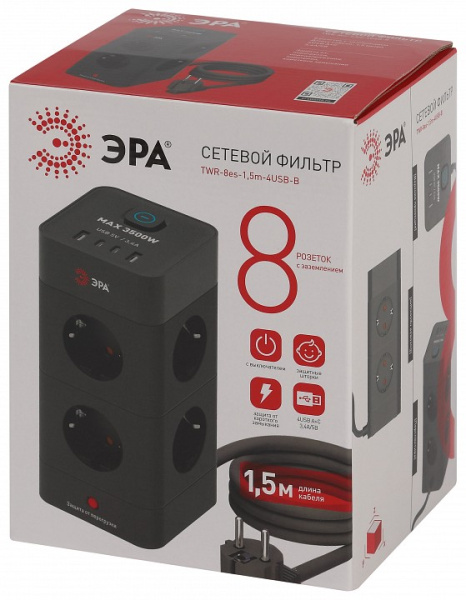 Сетевой фильтр Эра  TWR-8es-1,5m-4USB-B