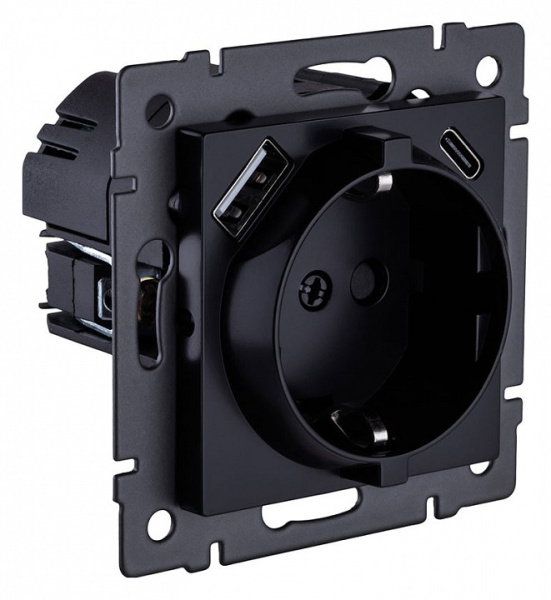 Розетка с заземлением и со шторкой и 2хUSB type A и C, без рамки Kollinger  REA-004BK