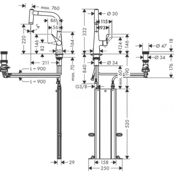 Смеситель для кухни hansgrohe Metris Select M71 220 Eco 2jet sBox 73826000 на 2 отверстия с вытяжным душем хром