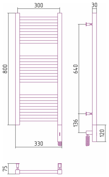 Полотенцесушитель электрический Сунержа Модус 3.0 800x300 МЭМ правый 051-5701-8030 состаренная латунь