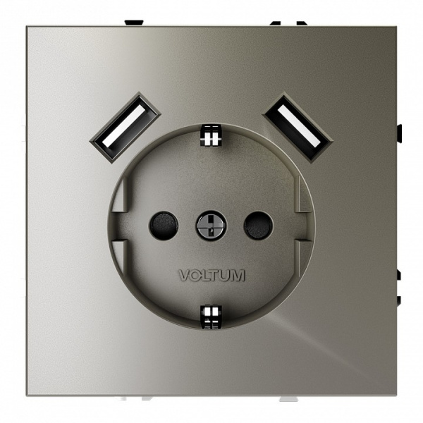 Розетка с заземлением и со шторкой и 2хUSB type A без рамки Voltum S70 VLS040404