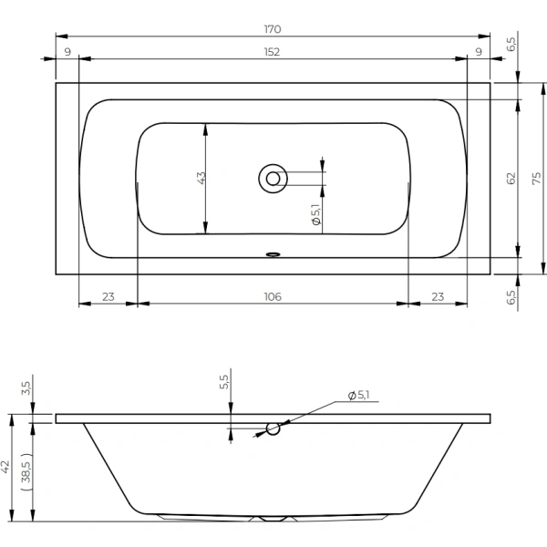 Акриловая ванна Riho Bari S B047001005 170x75 см, белый