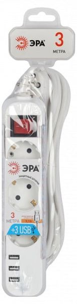 Удлинитель с выключателем Эра  U-3es-3m-USB