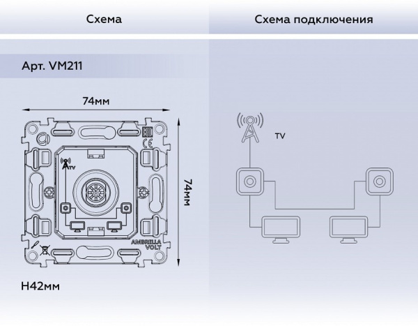 Механизм ТВ-розетки проходной Ambrella Volt Quant VM211