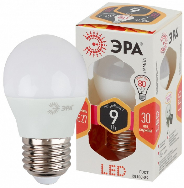 Лампа светодиодная Эра Стандарт E27 9Вт 2700K LED P45-9W-827-E27