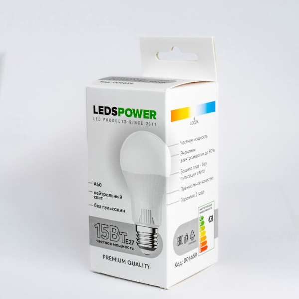 Лампа светодиодная LEDS POWER A60 E27 15Вт 4000K 006659