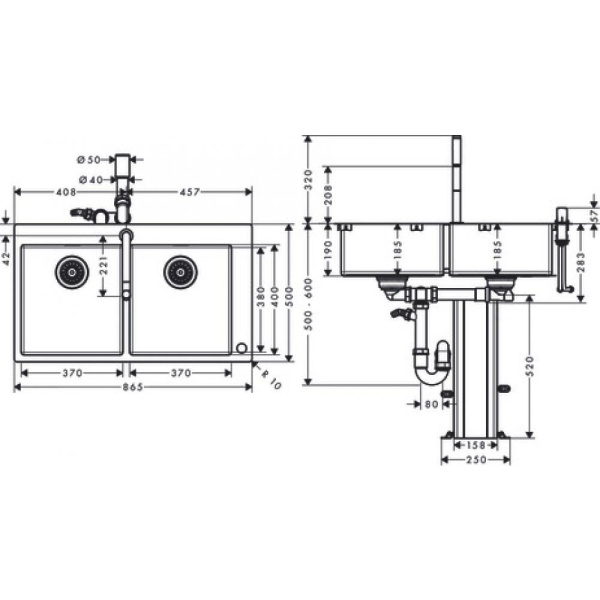 Кухонная комбинация hansgrohe 370/370 C71-F765-10 43203800 сталь