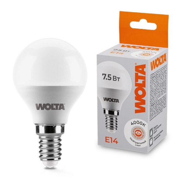 Лампа светодиодная Wolta E14 7.5Вт 4000K 25S45GL7.5E14