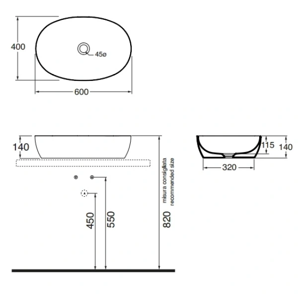 Раковина чаша 60x40 см Azzurra Elegance Circle ELLA060400C0BI/(ECI60 bi*0)
