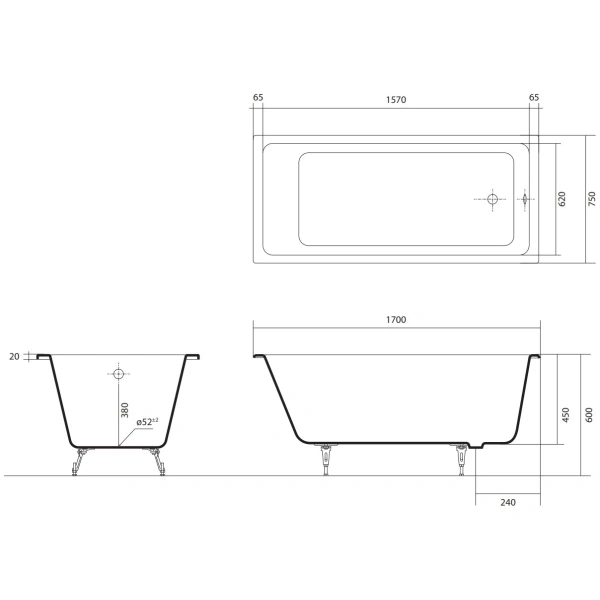 Ванна чугунная Aquatek Альфа AQ8970F-00 170x75 см, белый