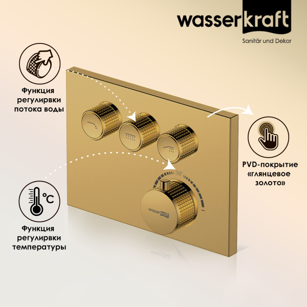 Термостатический смеситель для душа WasserKRAFT Sauer 7158 Thermo глянцевое золото