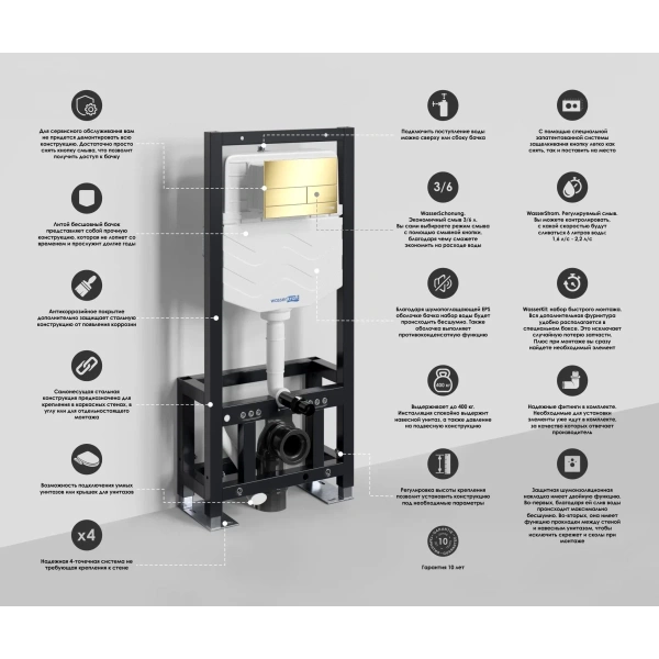 Инсталляция для унитаза WasserKRAFT Dill 61 61TLT.010.ME.PG04 с кнопкой смыва, золотой