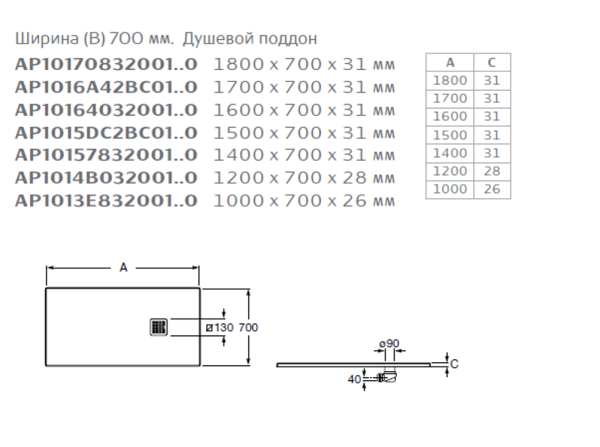 Душевой поддон Roca Terran 1600x700 AP1016402BC01100 с сифоном и решеткой