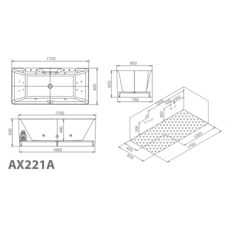 Акриловая гидромассажная ванна 170x80 см SSWW AX221A BGSN