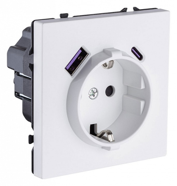 Розетка с заземлением и со шторкой и 2хUSB type A и C, без рамки Kollinger Eclipse EC-016WH