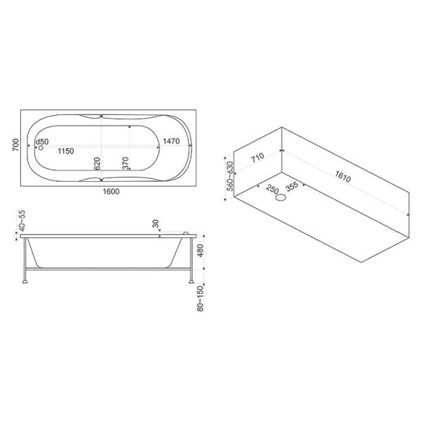 Акриловая ванна 160x70 см Bas Мальдива B00022
