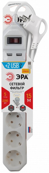 Удлинитель с выключателем Эра  USF-5es-1.5m-USB-W