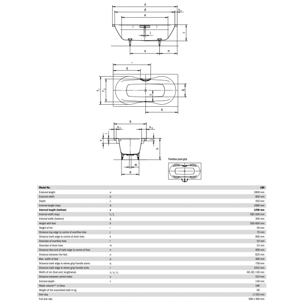 Ванна стальная Kaldewei Mega Duo 180 223400013001 180x90 см, с водоотталкивающим покрытием, альпийский белый